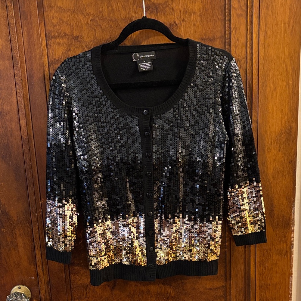 C by Bloomingdale’s Black and Gold Sequin Button Down Sweater Size M